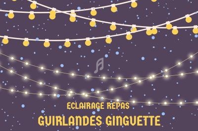 Illustration de guirlandes lumineuses suspendues sur un fond violet avec des points évoquant des étoiles.