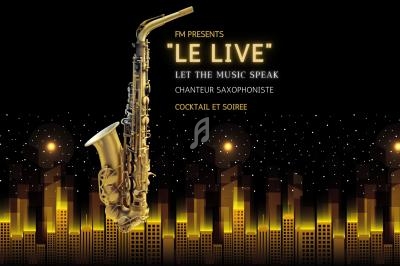 Saxophone doré sur fond noir avec des lumières et des silhouettes de gratte-ciel, accompagné de texte promotionnel pour un…