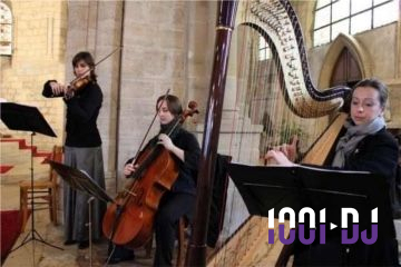 Une violoncelliste joue lors d'une cérémonie dans une église, entourée d'invités debout et de mariés à l'arrière-plan.