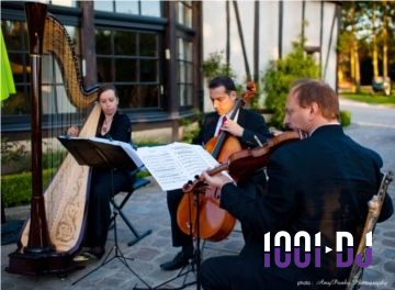 Une violoncelliste joue lors d'une cérémonie dans une église, entourée d'invités debout et de mariés à l'arrière-plan.