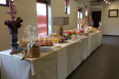 Vue d'un étang entouré d'arbres et de végétation sous un ciel partiellement nuageux.