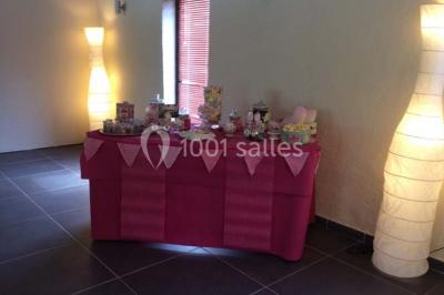 Vue d'un étang entouré d'arbres et de végétation sous un ciel partiellement nuageux.