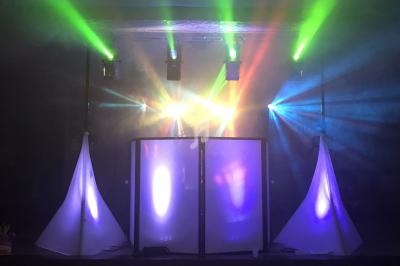 Jeux de lumières colorées projetés sur une scène avec des structures blanches et un plafond en dalles.