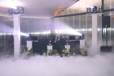 Installation de DJ avec éclairages et fumée dans un espace couvert, décoré de plantes et de lumières suspendues.