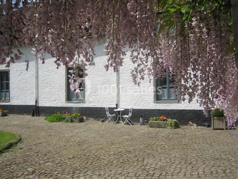 Location salle Court-Saint-Étienne (Brabant wallon) - Ferme de Beaurieux #5 Façade blanche avec fenêtres, terrasse pavée et glycines roses en fleurs tombant en premier plan.