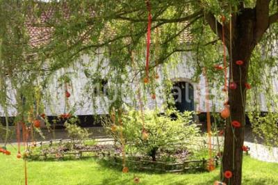 Paysage hivernal avec arbres dénudés, sol enneigé, clôture en bois et maisons en arrière-plan sous un ciel gris.