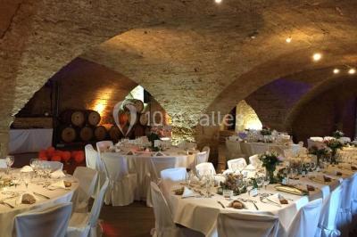 Bouteille de vin rouge posée sur une surface en pierre, avec des fleurs floues et un paysage en arrière-plan.