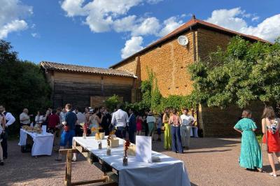 Bouteille de vin rouge posée sur une surface en pierre, avec des fleurs floues et un paysage en arrière-plan.