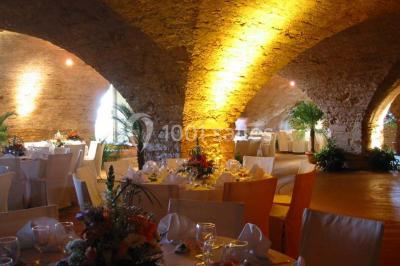 Bouteille de vin rouge posée sur une surface en pierre, avec des fleurs floues et un paysage en arrière-plan.