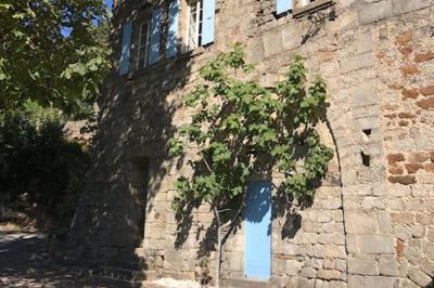 Cour pavée entourée de murs en pierre, avec des plantes en pot et une porte voûtée blanche.