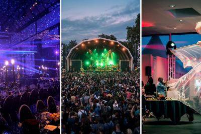 Deux tableaux scintillants représentant Charlie Chaplin et Marilyn Monroe sur une scène sombre.