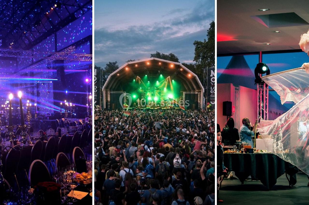 Trois scènes distinctes : salle de réception éclairée, concert en plein air et performance artistique en intérieur.