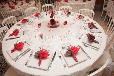 Tente avec table dressée pour un buffet, entourée de chaises blanches, installée sur une pelouse avec haies en arrière-plan.