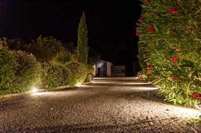 Des personnes assises à une table en extérieur, discutant et partageant un repas devant un paysage de vignobles au coucher…