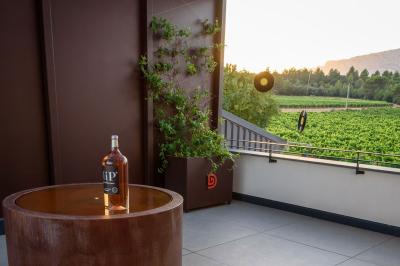 Des personnes assises à une table en extérieur, discutant et partageant un repas devant un paysage de vignobles au coucher…