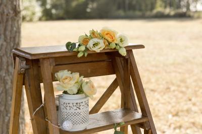 Miniature Cérémonie laïque à l'Hippodrome de Maure de Bretagne Seau à champagne avec bouteille et quatre flûtes vides sur une table, vue sur un paysage extérieur avec pelouse.