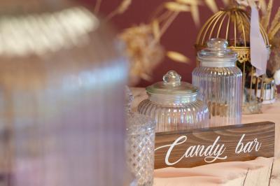 Miniature SALLE PANORAMIQUE Seau à champagne avec bouteille et quatre flûtes vides sur une table, vue sur un paysage extérieur avec pelouse.
