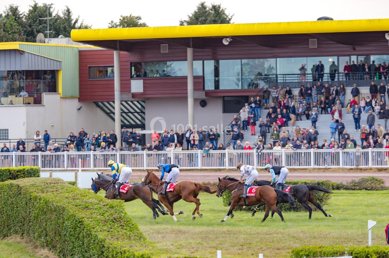 Des chevaux montés par des jockeys en pleine course sur un hippodrome, avec des spectateurs en arrière-plan.