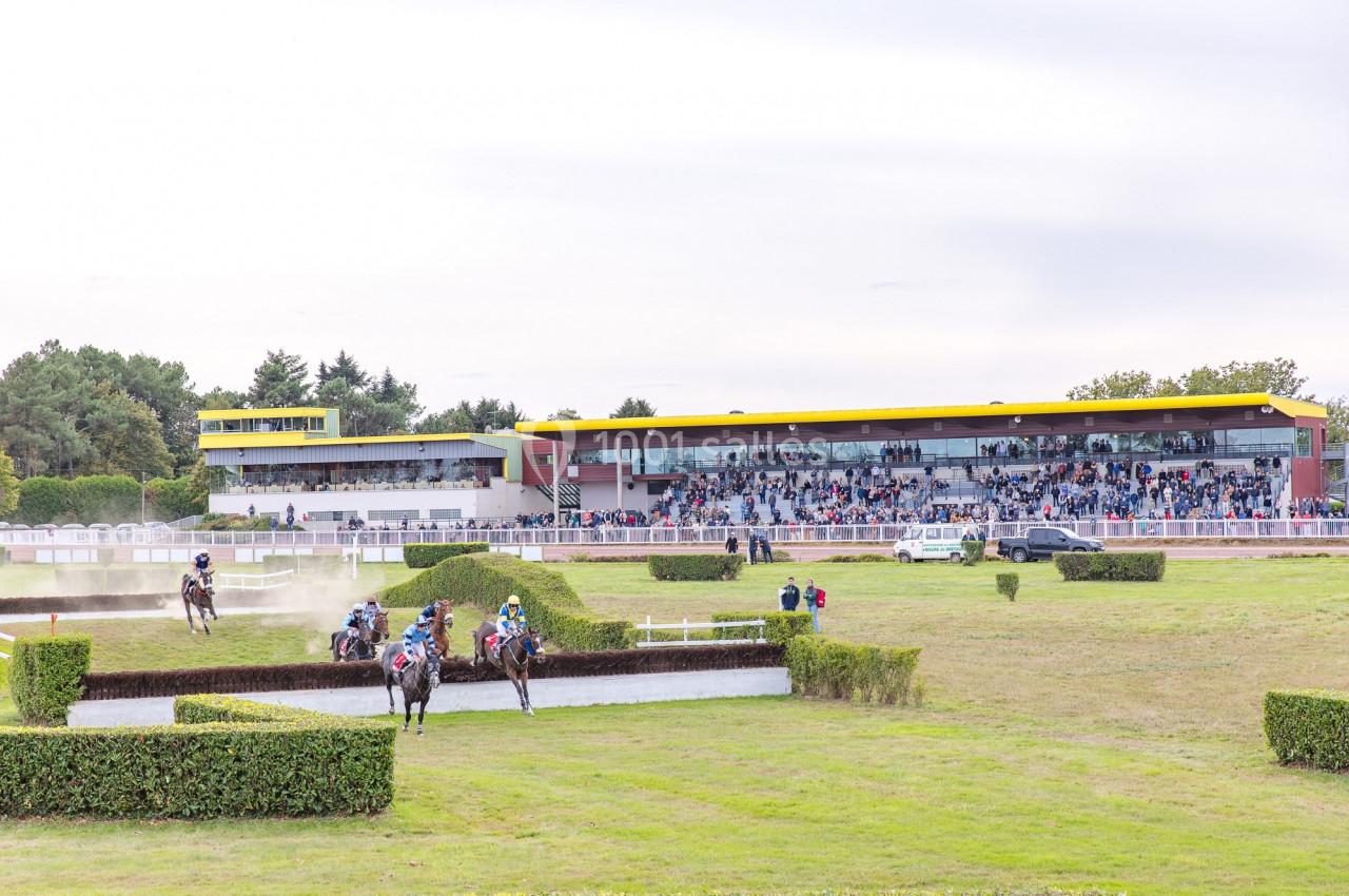 Course hippique avec des chevaux sautant un obstacle devant des spectateurs dans un hippodrome.