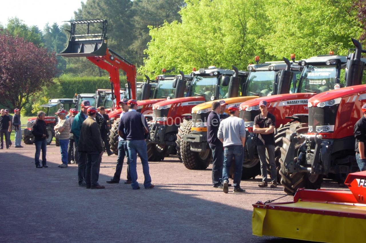 Des personnes discutent devant une rangée de tracteurs rouges alignés sur une allée bordée d'arbres.