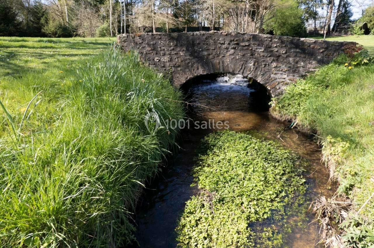 Petit pont en pierre enjambant un ruisseau entouré de végétation et d'herbe dans un paysage naturel.