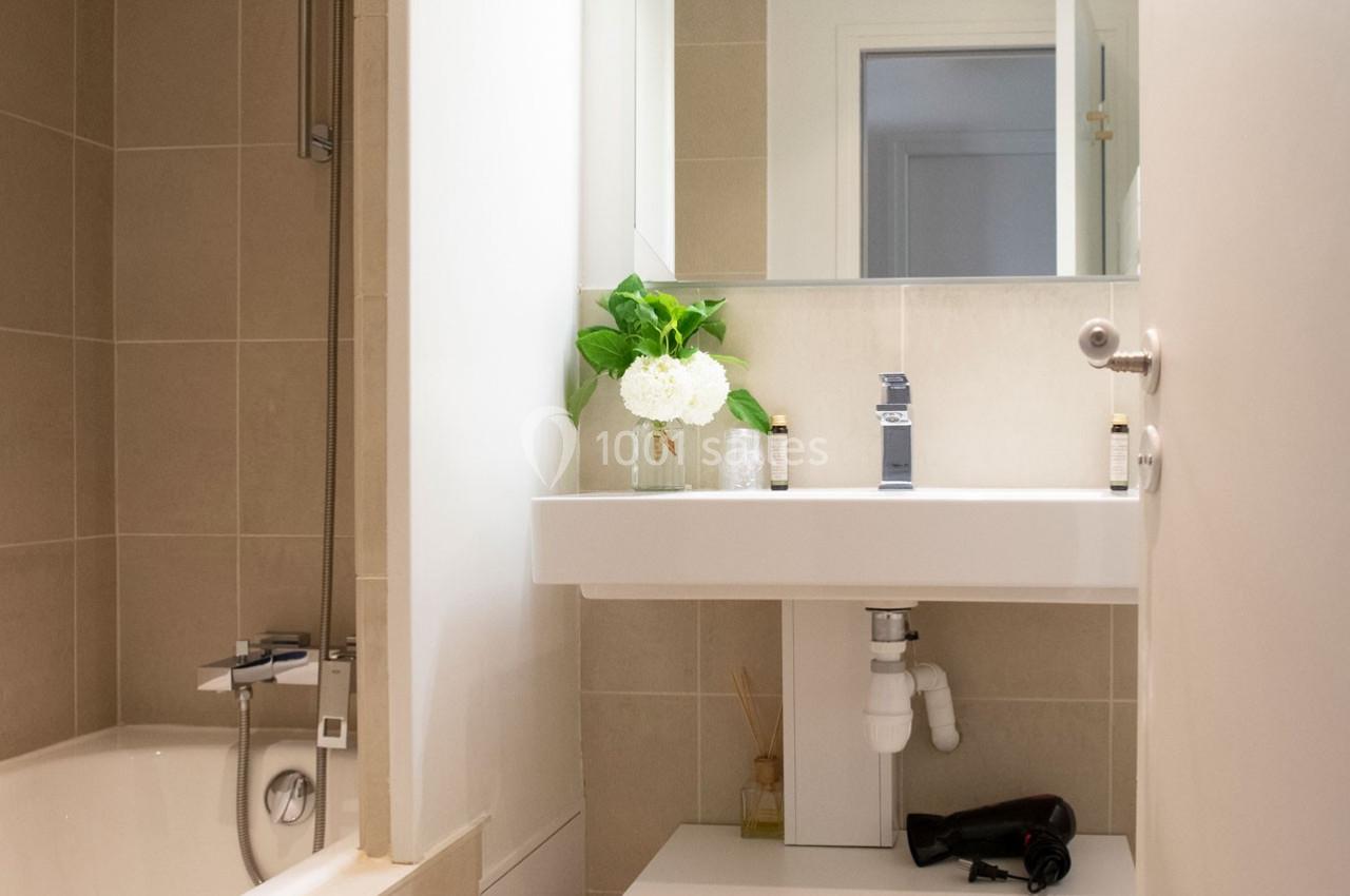 Salle de bain avec lavabo blanc, miroir, baignoire, plantes décoratives et sèche-cheveux posé sur une étagère.