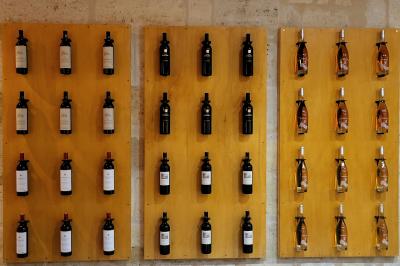 Façade d'une grande maison en pierre claire avec volets bleus, entourée d'un jardin et d'une allée gravillonnée.