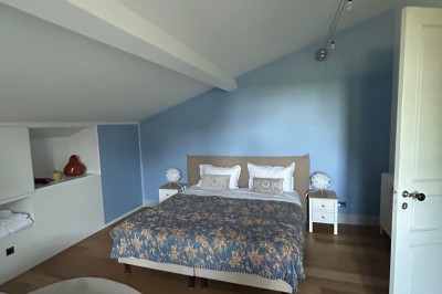 Façade d'une grande maison en pierre claire avec volets bleus, entourée d'un jardin et d'une allée gravillonnée.