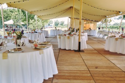 Façade d'une grande maison en pierre claire avec volets bleus, entourée d'un jardin et d'une allée gravillonnée.
