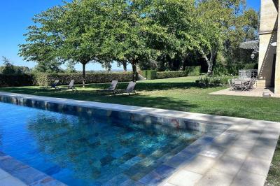 Miniature Location salle Arveyres (Gironde) - Château Larteau #16 Vue d'un jardin verdoyant avec un arbre central, un escalier en pierre et un lac au coucher du soleil.