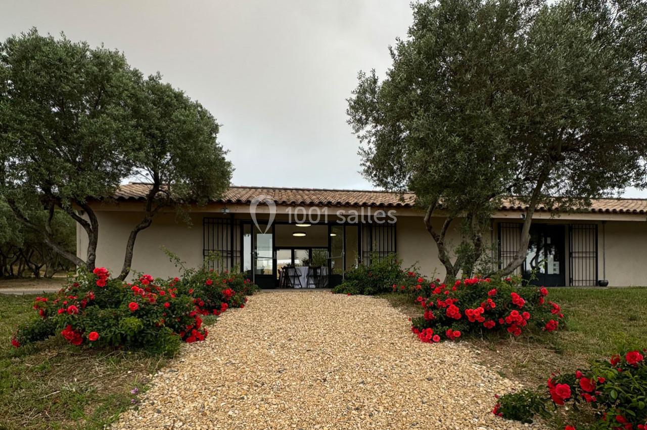 Allée en gravier bordée de rosiers rouges menant à une maison avec toit en tuiles, entourée d'arbres.