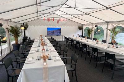 Arbuste de rhododendrons roses en fleurs dans un jardin verdoyant, sous un ciel bleu ensoleillé.
