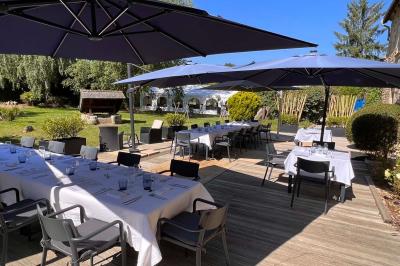 Arbuste de rhododendrons roses en fleurs dans un jardin verdoyant, sous un ciel bleu ensoleillé.