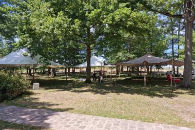 Deux tables rondes décorées pour un événement, avec nappes blanches, fleurs, verres et serviettes pliées.
