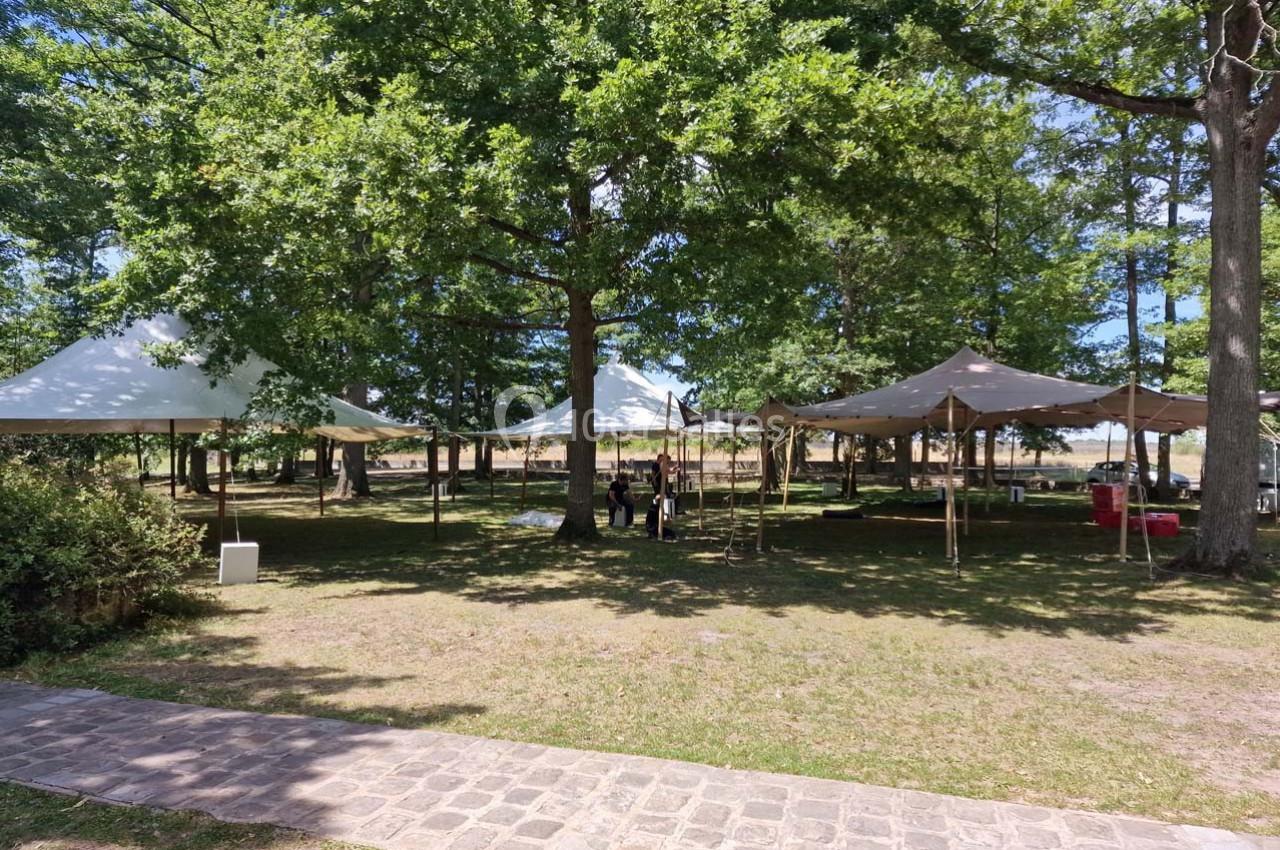 Tentes blanches installées sous des arbres dans un espace extérieur herbeux avec un chemin pavé au premier plan.