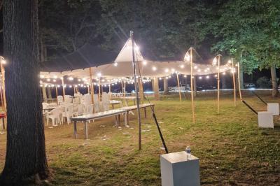 Deux tables rondes décorées pour un événement, avec nappes blanches, fleurs, verres et serviettes pliées.