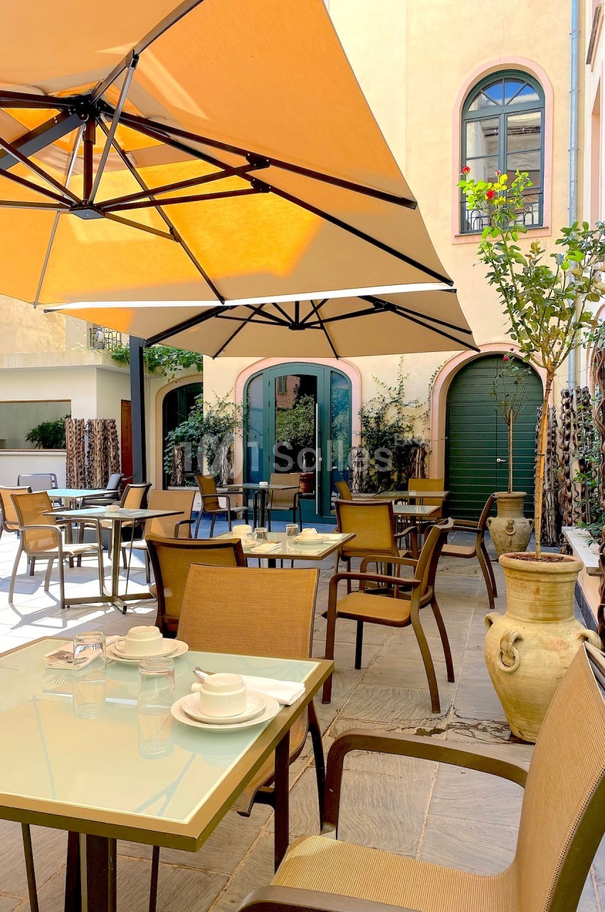 Terrasse ensoleillée avec tables, chaises, parasols et plantes en pot dans une cour pavée.