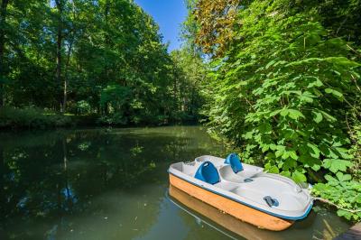 Un vase en verre avec des feuilles vertes posé sur une table dressée en extérieur, entourée de végétation.
