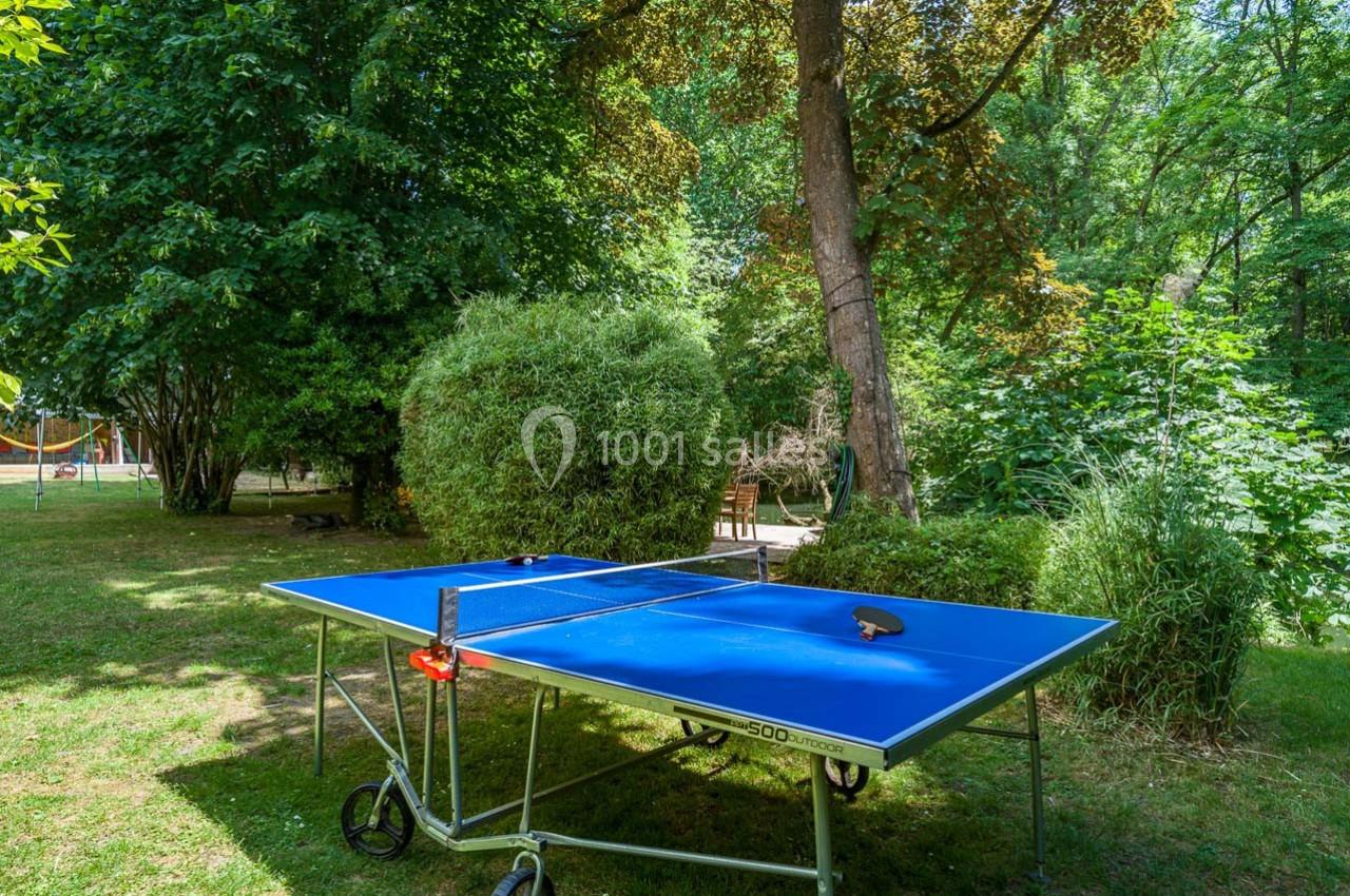 Table de ping-pong bleue installée dans un jardin verdoyant, entourée d'arbres et de buissons.