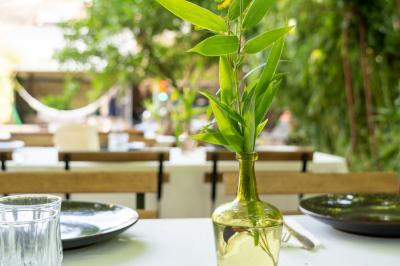 Un vase en verre avec des feuilles vertes posé sur une table dressée en extérieur, entourée de végétation.