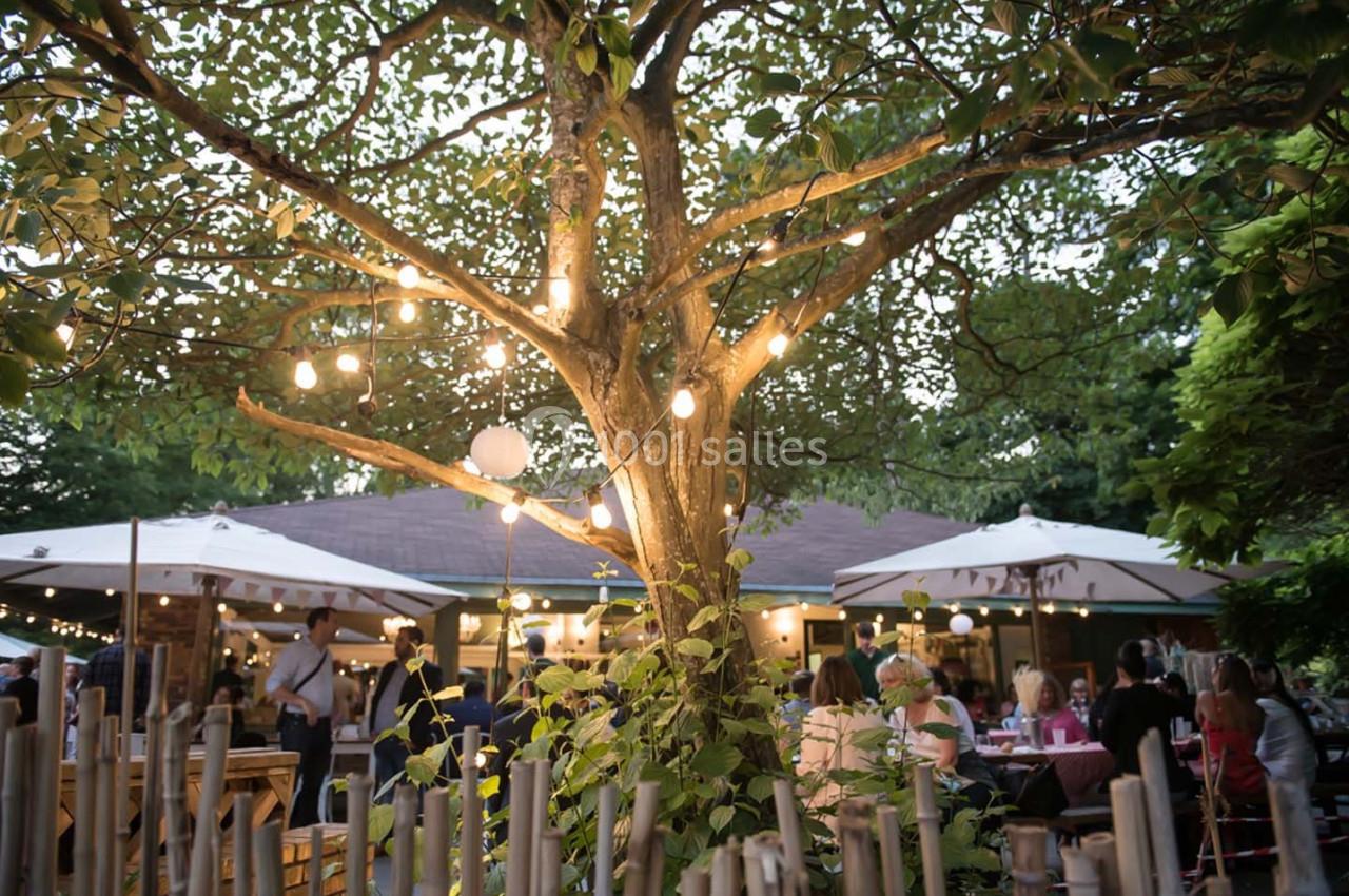 Arbre décoré de guirlandes lumineuses dans un jardin, avec des tables et des convives en arrière-plan.