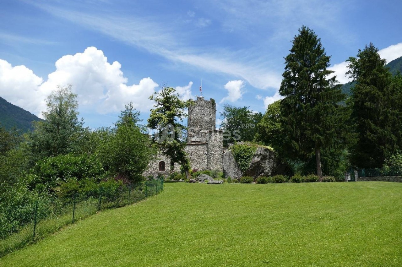 Vue d'un château en pierre entouré de verdure, avec un ciel bleu et des nuages en arrière-plan.