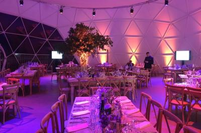 Bâtiment moderne avec une structure en toit incurvé, entouré de végétation et éclairé au crépuscule.