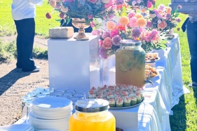 Miniature Traiteur Décines-Charpieu (Rhône) - Les Saveurs de Anna Traiteur #25 Assortiment de samoussas et verrines sucrées disposés sur une table lors d'un événement en intérieur.