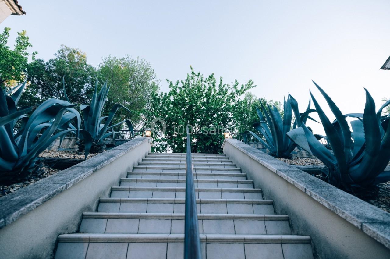 Escalier extérieur en pierre bordé de plantes succulentes et d'arbustes sous un ciel dégagé.