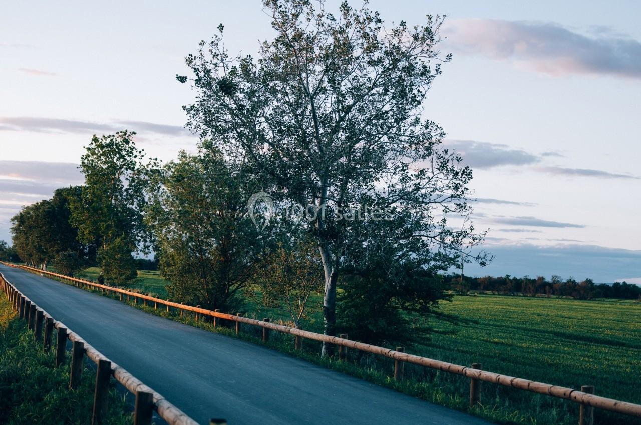 Route bordée de barrières en bois traversant une campagne verdoyante sous un ciel partiellement nuageux.