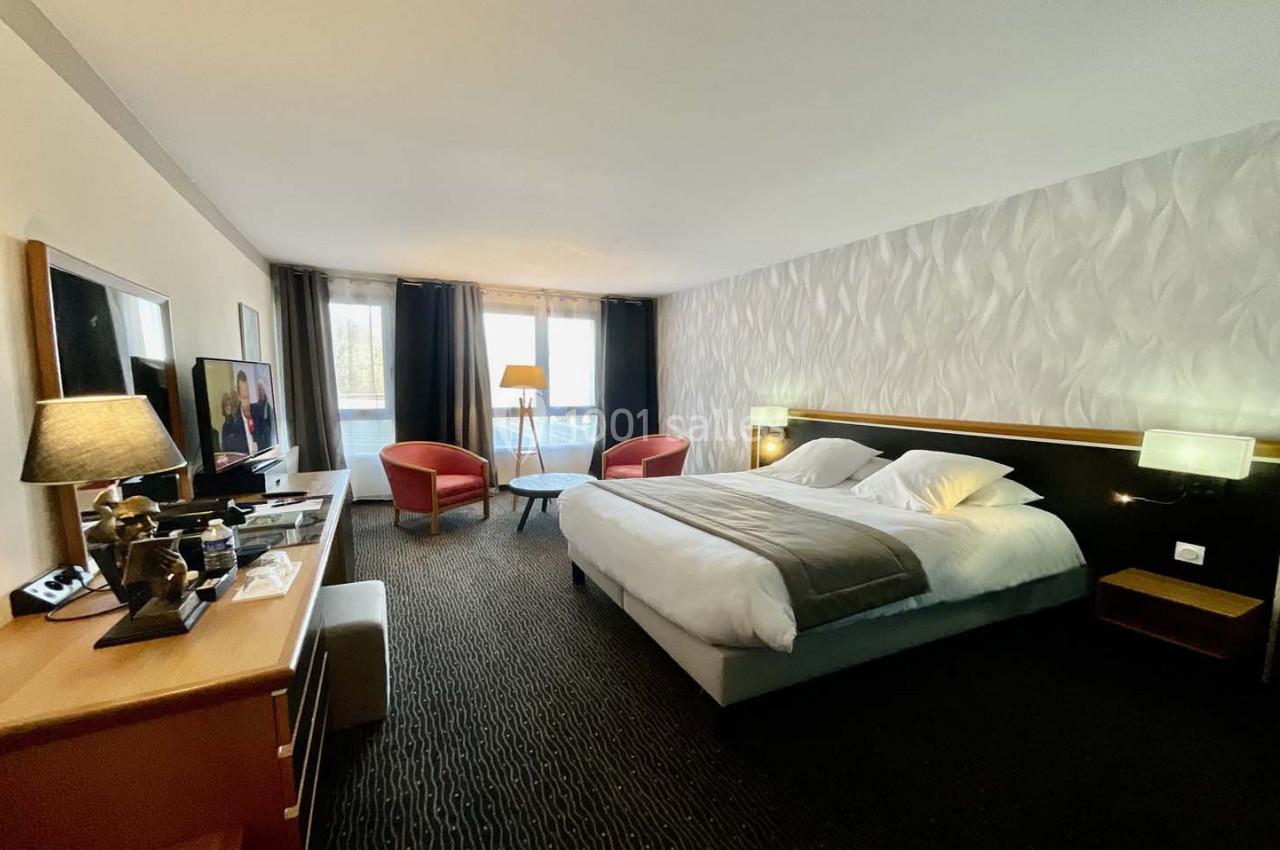 Chambre d'hôtel lumineuse avec un grand lit, deux fauteuils, un bureau, une télévision et une fenêtre donnant sur l…