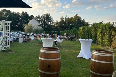 Table élégamment dressée avec vaisselle raffinée, centre de table floral et décoration lumineuse en arrière-plan.