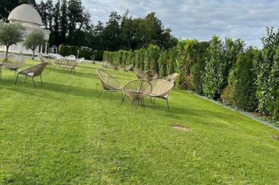 Table élégamment dressée avec vaisselle raffinée, centre de table floral et décoration lumineuse en arrière-plan.
