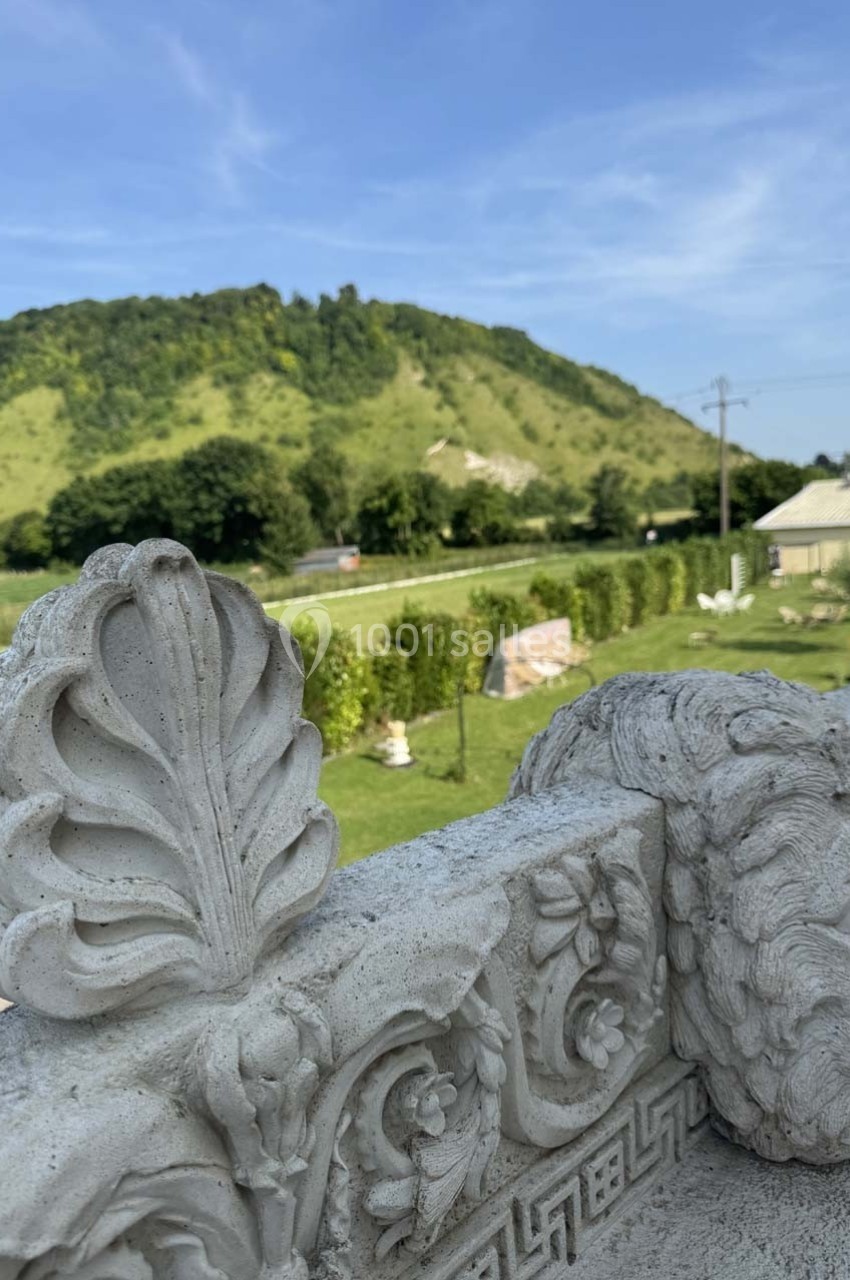 Détail d'une balustrade sculptée en pierre avec un paysage de colline verdoyante en arrière-plan.